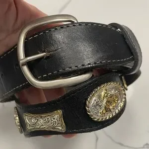 Vintage Western Scalloped Black Leather Belt with Silver Details Black Leather Studded Scalloped Belt | Cowboy Western Belt  main image 3